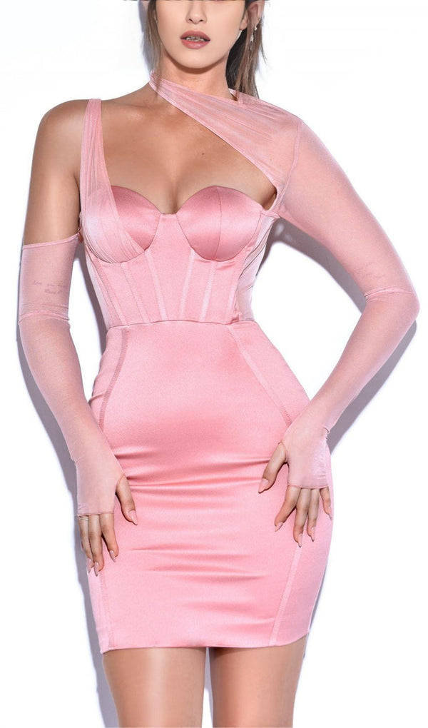 MESH SLEEVE SATIN CIRSET MINI DRESS IN BLUSH