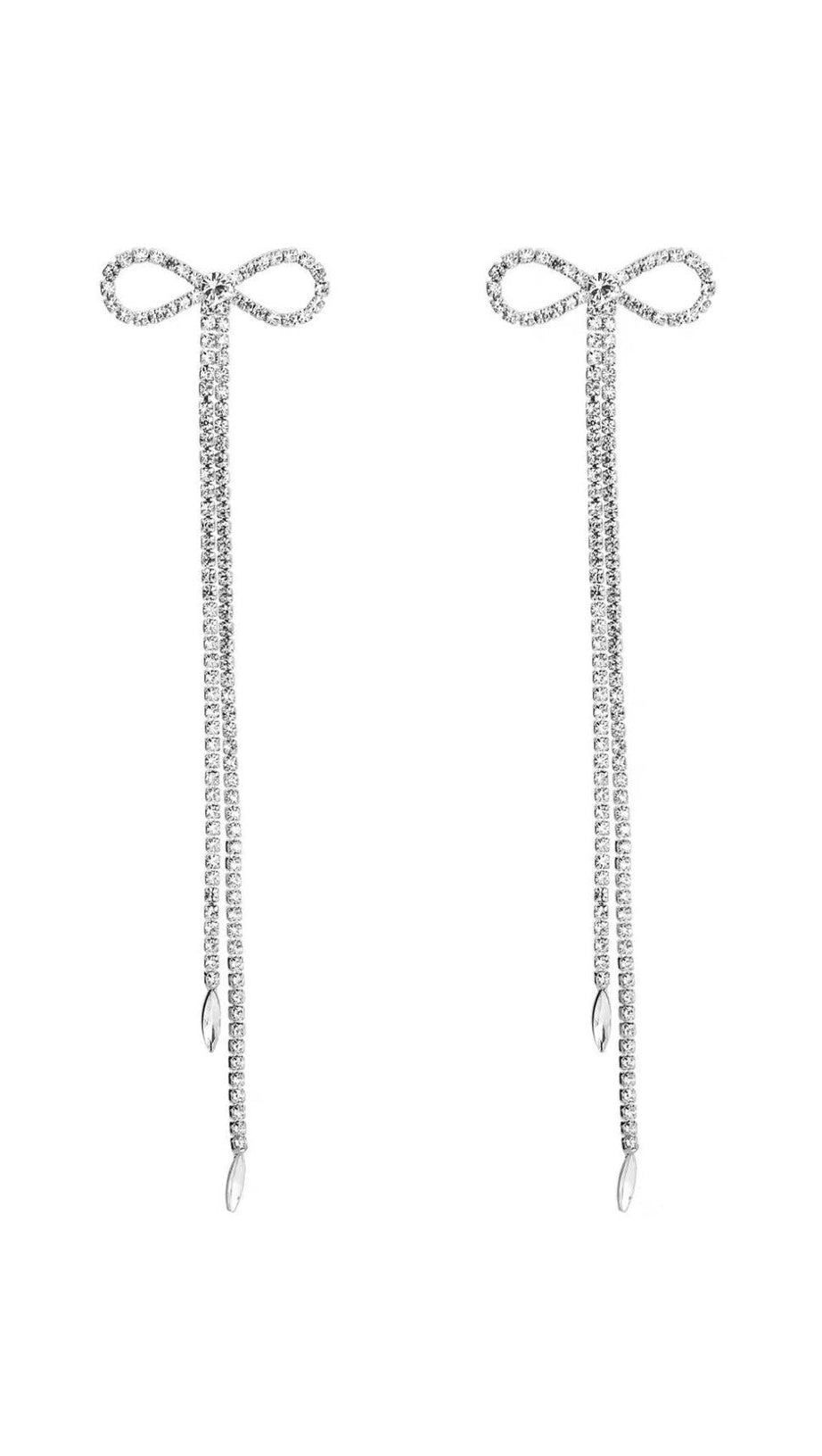 RHINESTONE BOW LONG CHAIN EARRINGS IN WHITE
