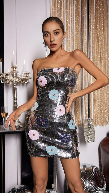 ABITO CON PAILLETTES FLOREALI SENZA SPALLINE