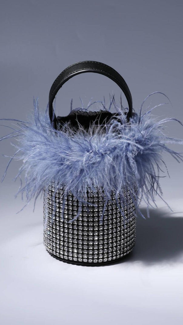AIIZIE FEATHER RHINESTONE BUCKET BAG IN BLUE - product image