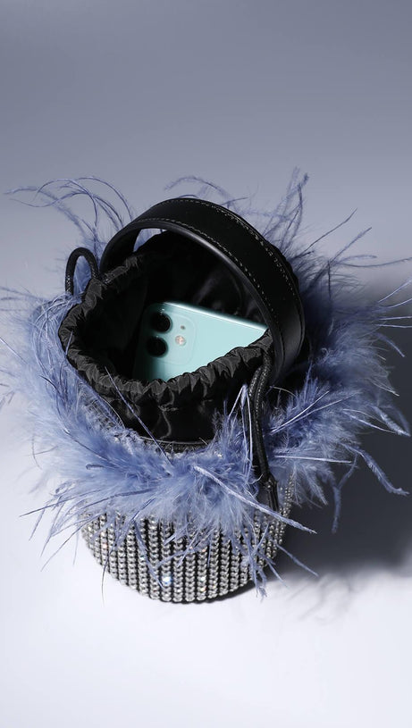 BORSA A SECCHIELLO CON STRASS E PIUME BLU