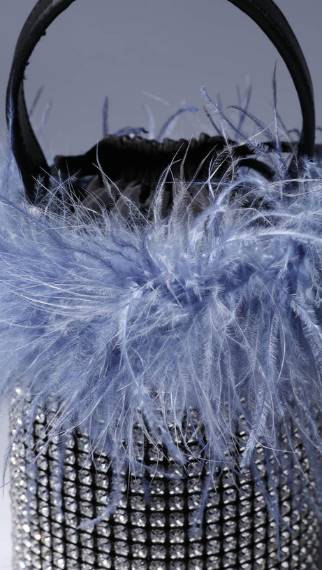 BORSA A SECCHIELLO CON STRASS E PIUME BLU