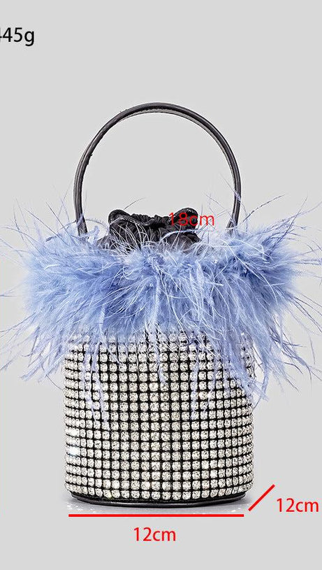 BORSA A SECCHIELLO CON STRASS E PIUME BLU
