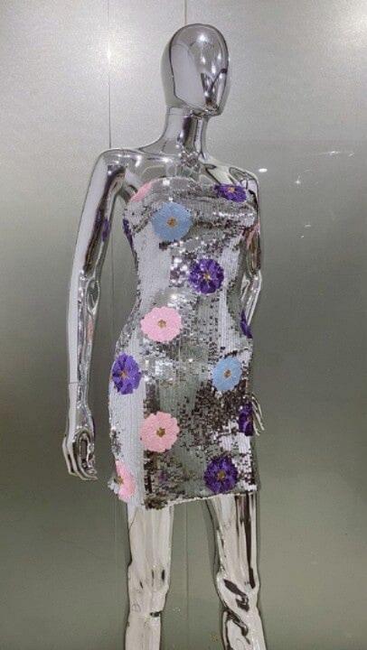 ABITO CON PAILLETTES FLOREALI SENZA SPALLINE