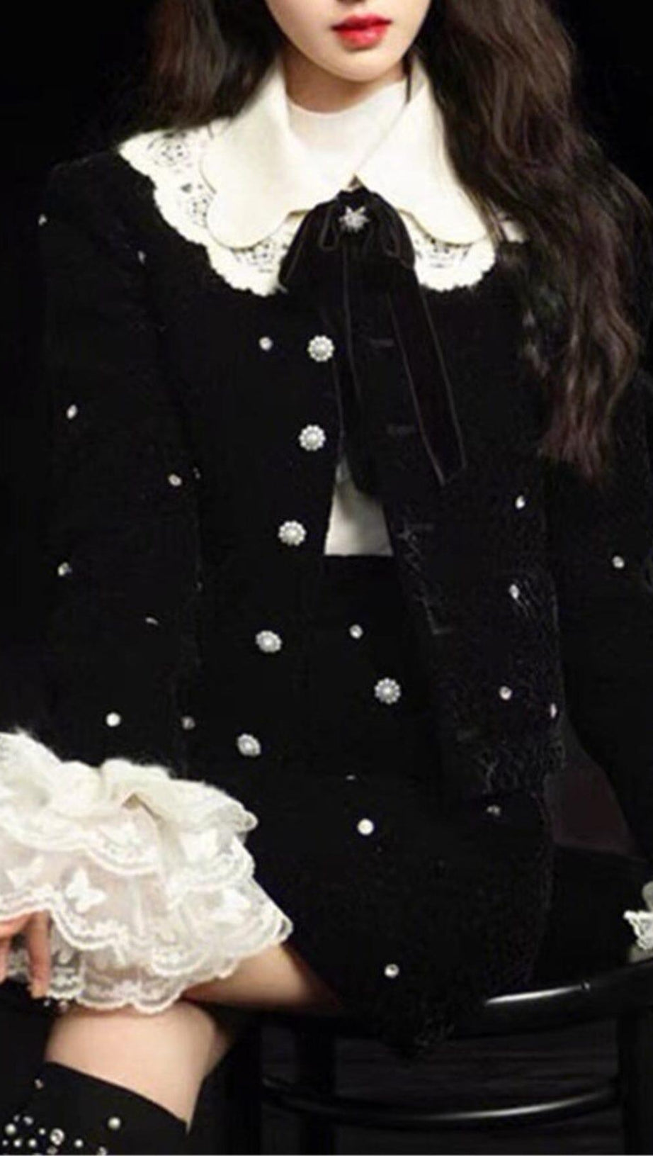 STARRY VELVET RHINESTONE LACE TRUMPET SLEEVE SHORT COAT & SKIRT SUIT