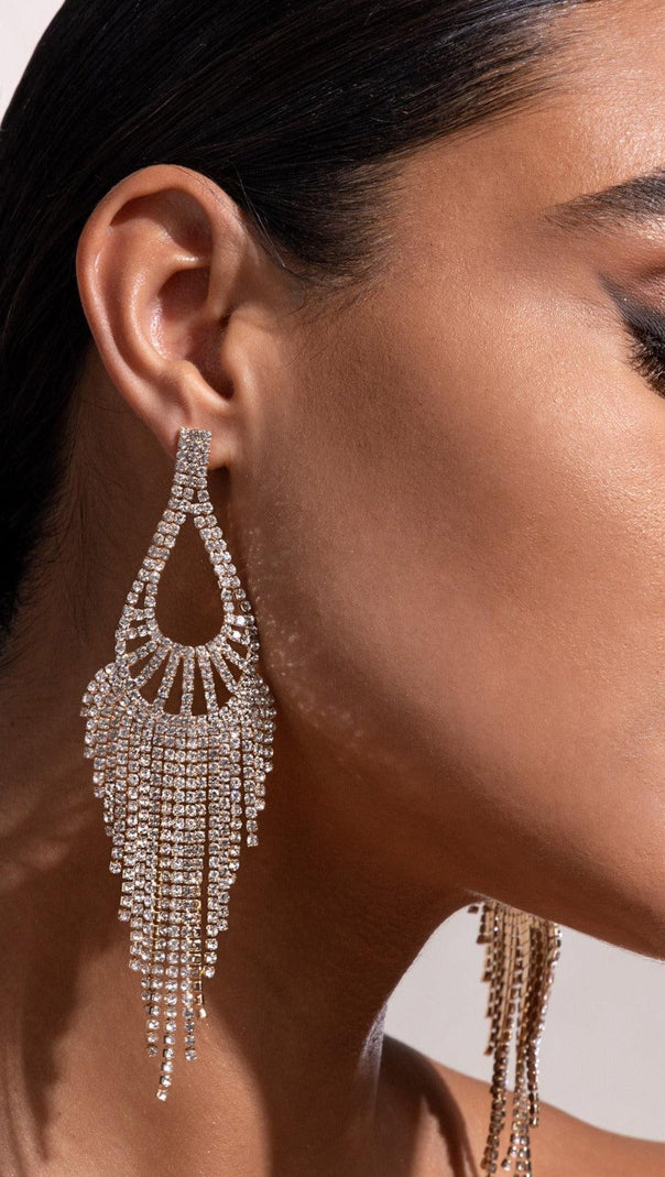 AIIZIE GOLD DIAMANTE TEARDROP TASSEL EARRINGS - product image