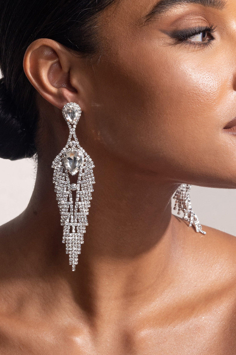 SILVER DIAMANTE TASSEL TEARDROP DROP EARRINGS