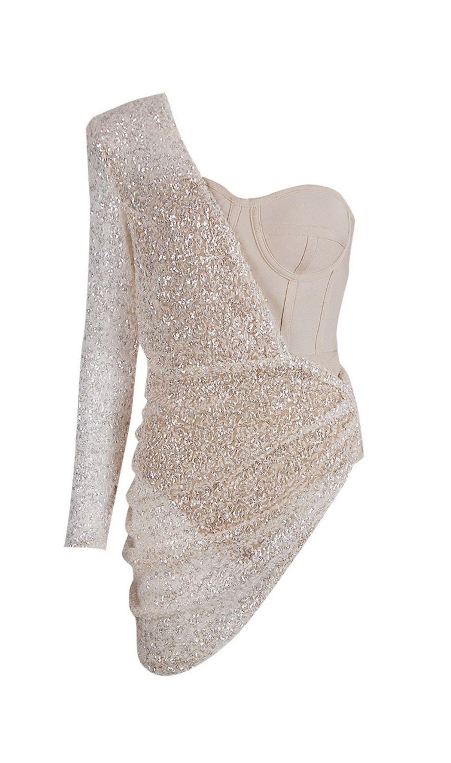 MINI ABITO ASIMMETRICO CON RUCHES E PAILLETTES BEIGE