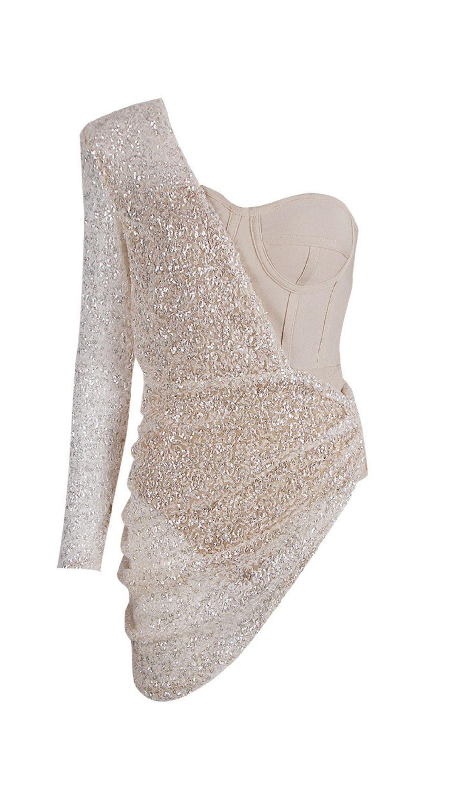 ASYMMETRIC SEQUIN RUCHED MINI DRESS IN BEIGE