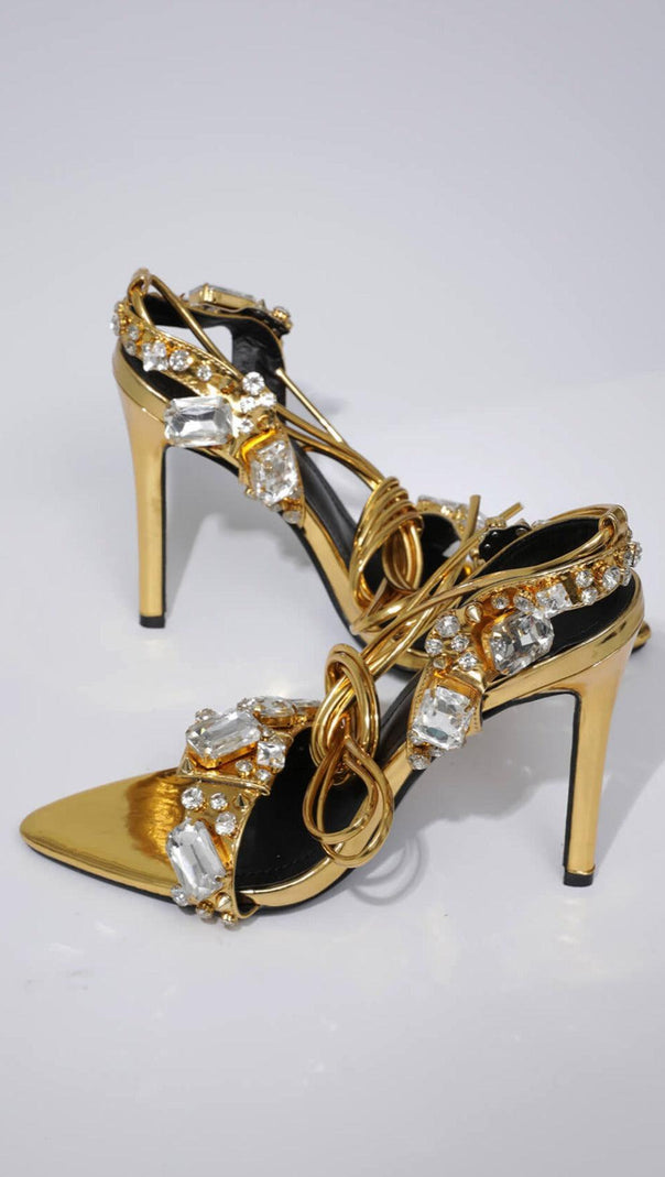 AIIZIE CRYTAL LACE UP HEELS IN GOLD - product image