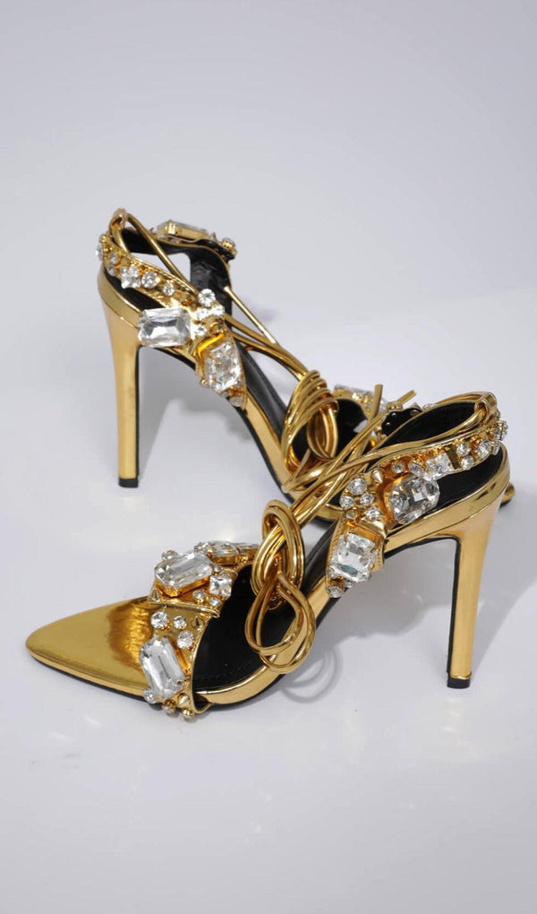 CRYTAL LACE UP HEELS IN GOLD