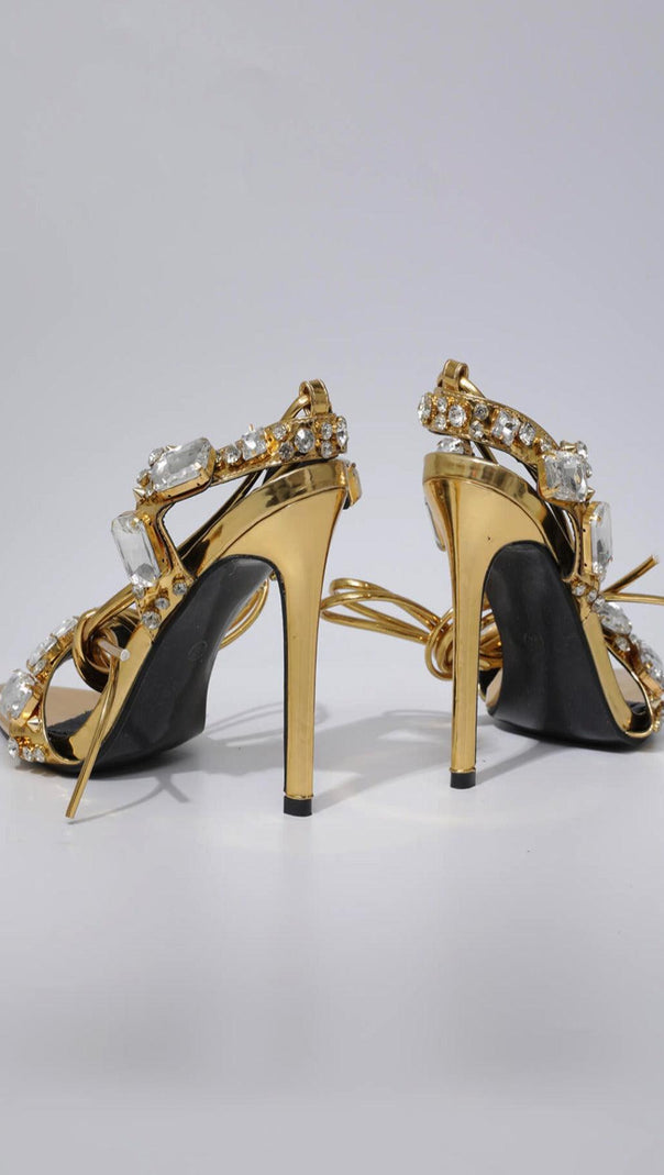 AIIZIE CRYTAL LACE UP HEELS IN GOLD - product image