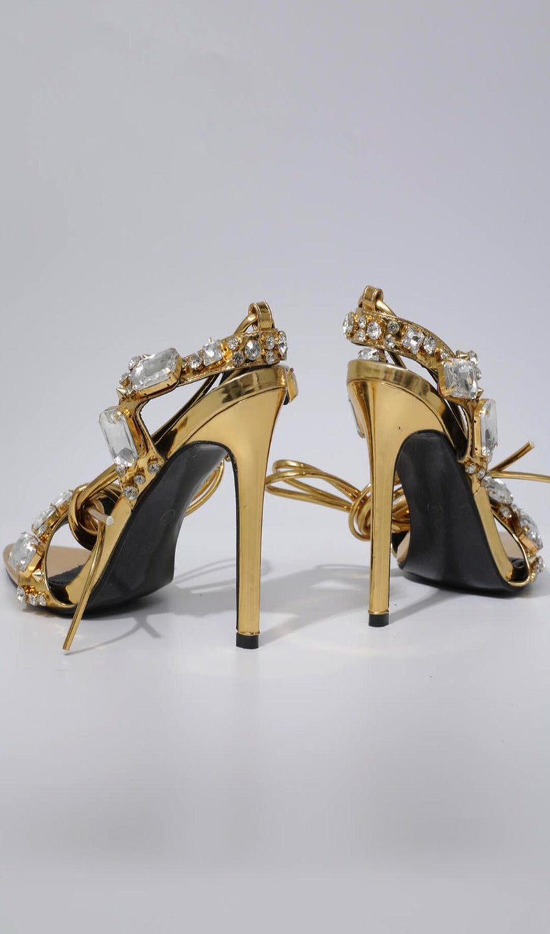 CRYTAL LACE UP HEELS IN GOLD