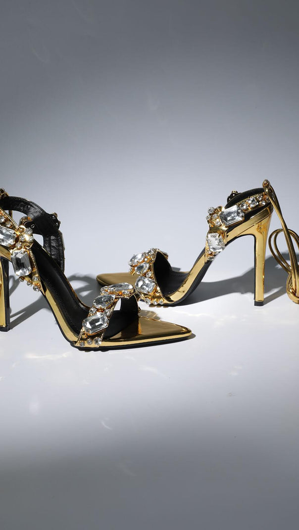 AIIZIE CRYTAL LACE UP HEELS IN GOLD - product image
