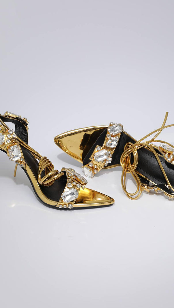 AIIZIE CRYTAL LACE UP HEELS IN GOLD - product image