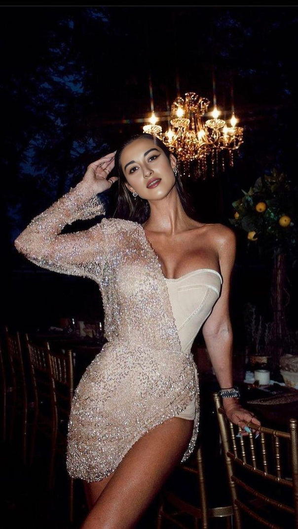 AIIZIE ASYMMETRIC SEQUIN RUCHED MINI DRESS IN BEIGE - product image