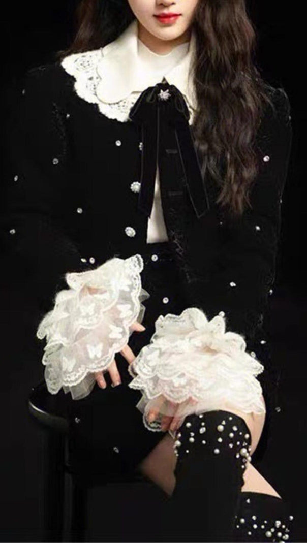 AIIZIE STARRY VELVET RHINESTONE LACE TRUMPET SLEEVE SHORT COAT & SKIRT SUIT - product image