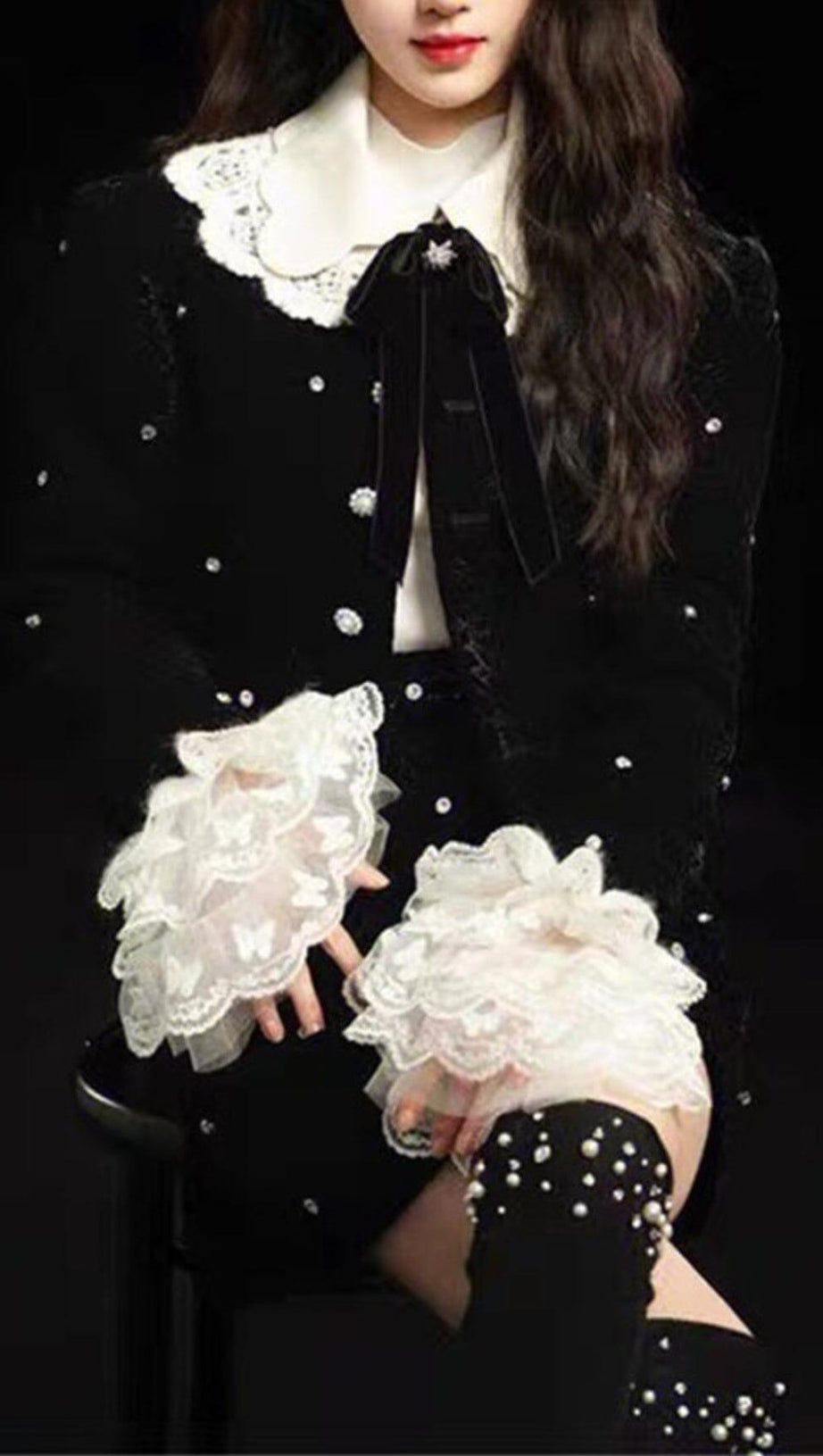 STARRY VELVET RHINESTONE LACE TRUMPET SLEEVE SHORT COAT & SKIRT SUIT
