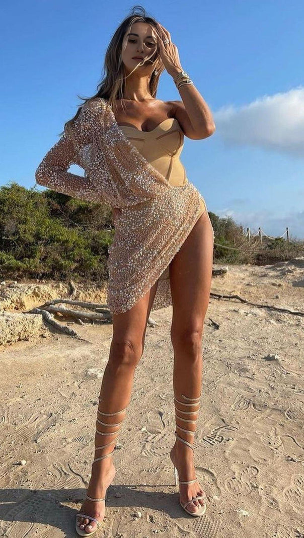 AIIZIE ASYMMETRIC SEQUIN RUCHED MINI DRESS IN BEIGE - product image