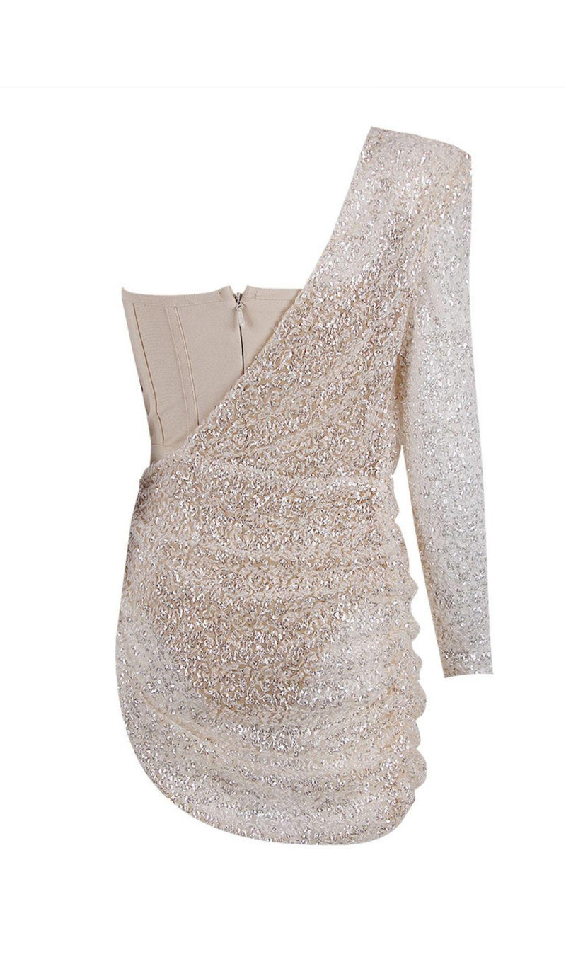 ASYMMETRIC SEQUIN RUCHED MINI DRESS IN BEIGE