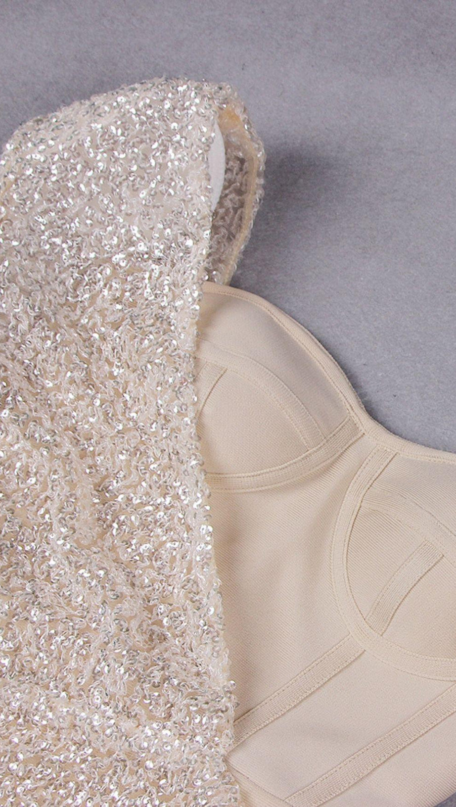 ASYMMETRIC SEQUIN RUCHED MINI DRESS IN BEIGE