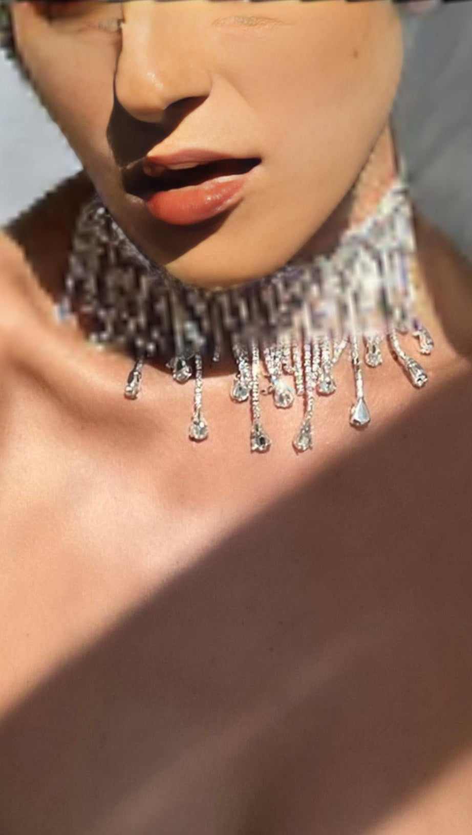 SILVER CHOKER DIAMANTE TASSEL NECKLACE