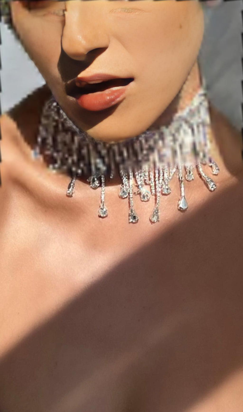 SILVER CHOKER DIAMANTE TASSEL NECKLACE