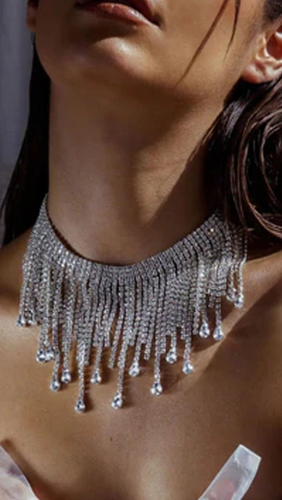 SILVER CHOKER DIAMANTE TASSEL NECKLACE