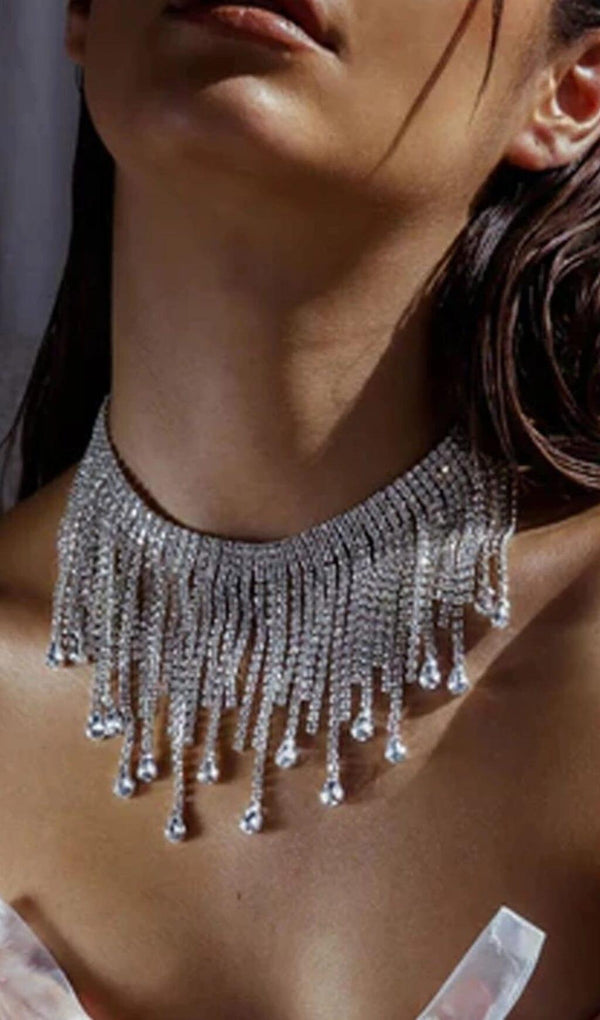 SILVER CHOKER DIAMANTE TASSEL NECKLACE