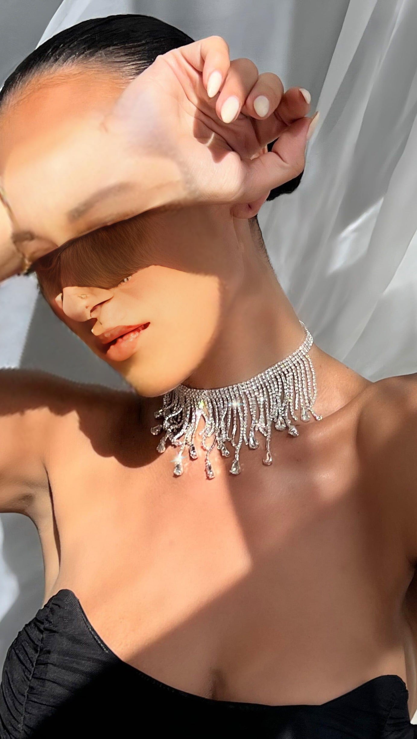 SILVER CHOKER DIAMANTE TASSEL NECKLACE