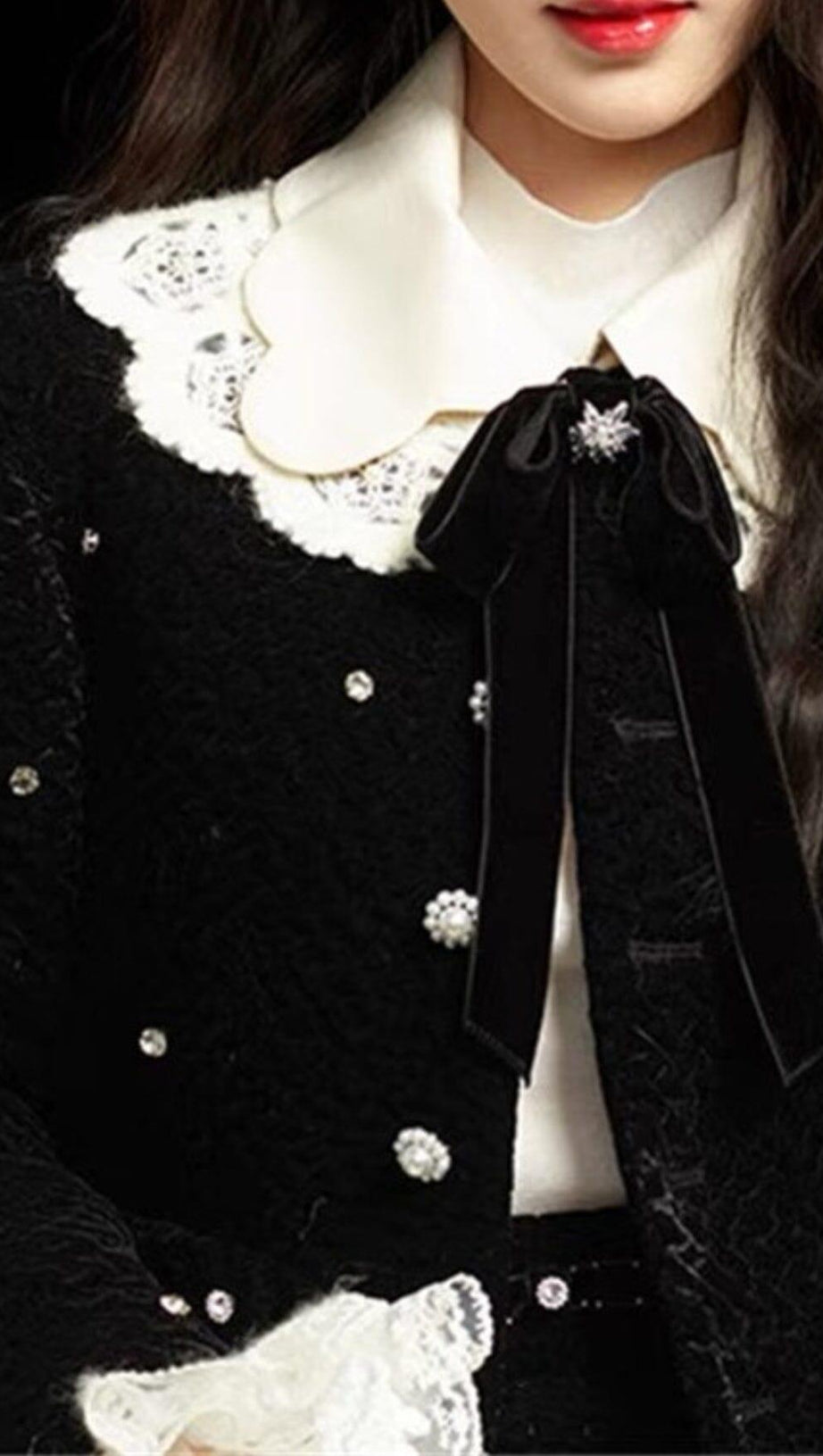 STARRY VELVET RHINESTONE LACE TRUMPET SLEEVE SHORT COAT & SKIRT SUIT