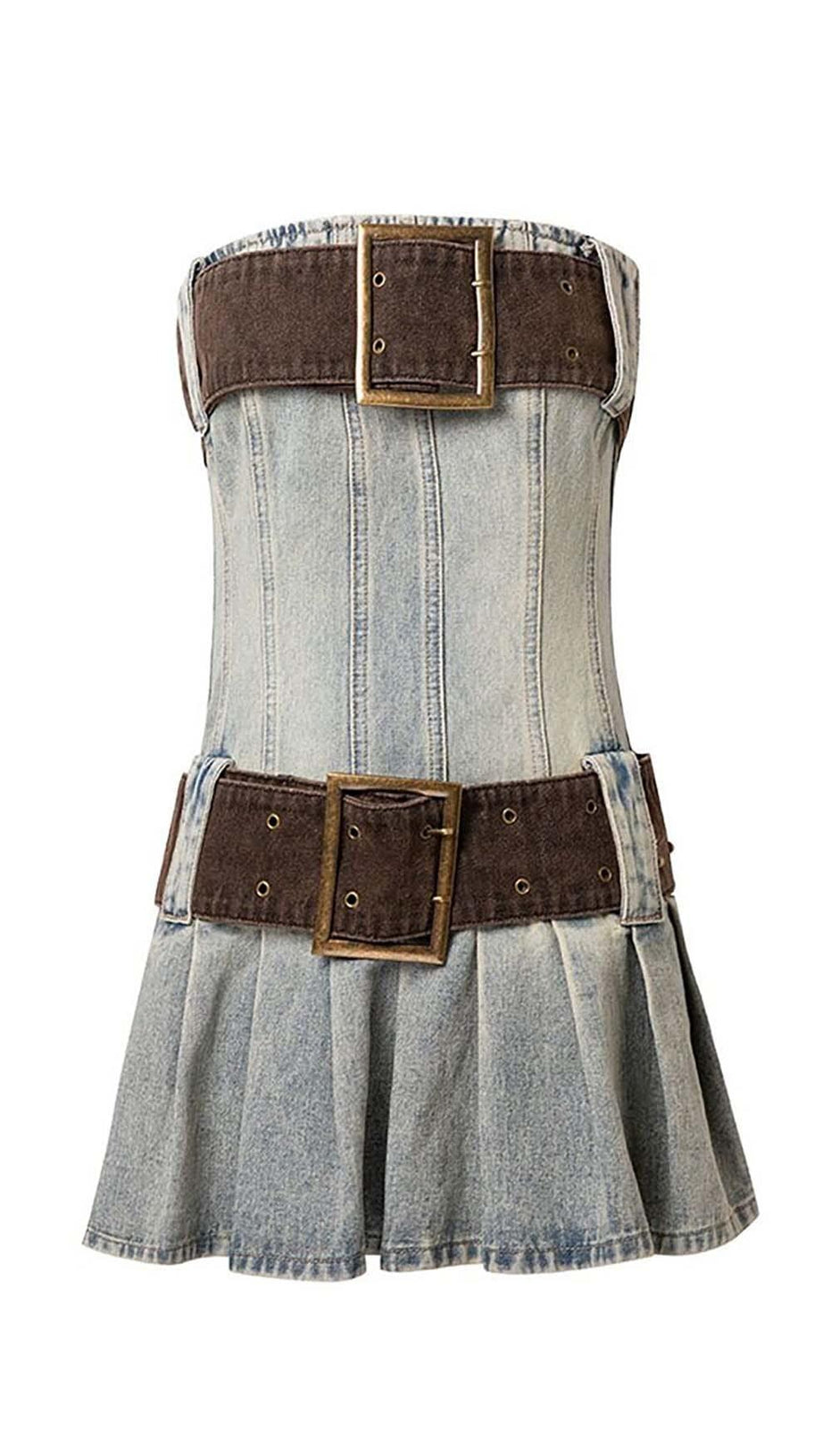 STRAPLESS BUCKLE DETAIL MINI DRESS IN BLUE
