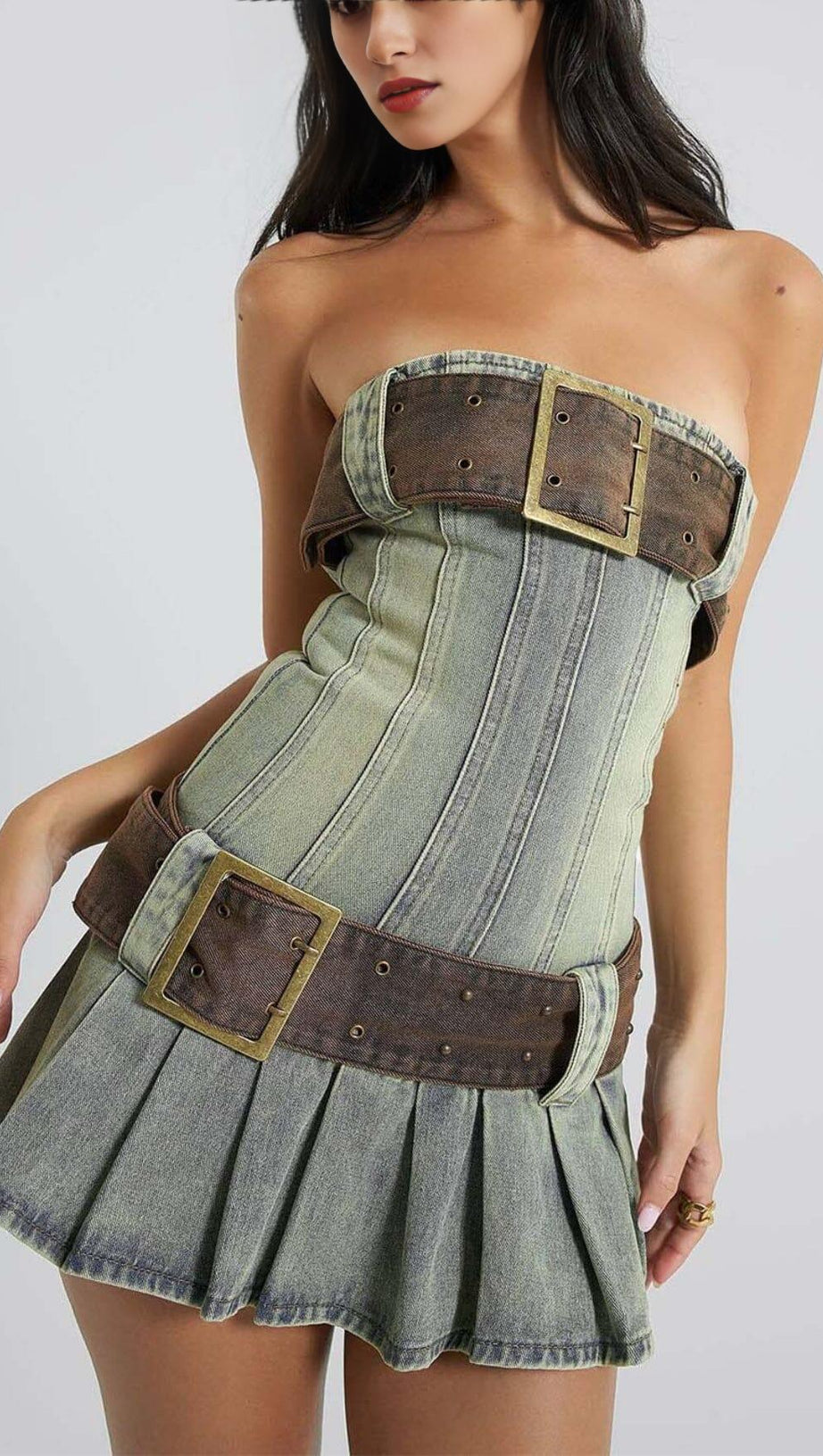 STRAPLESS BUCKLE DETAIL MINI DRESS IN BLUE