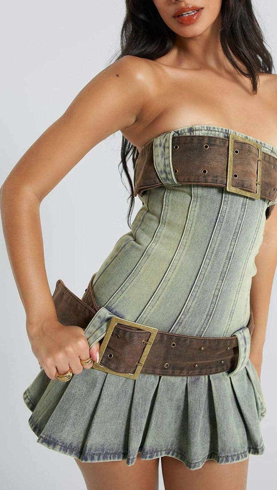 STRAPLESS BUCKLE DETAIL MINI DRESS IN BLUE