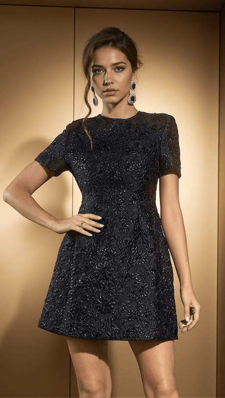 ABITO CORTO AANYA JACQUARD FLOREALE NERO
