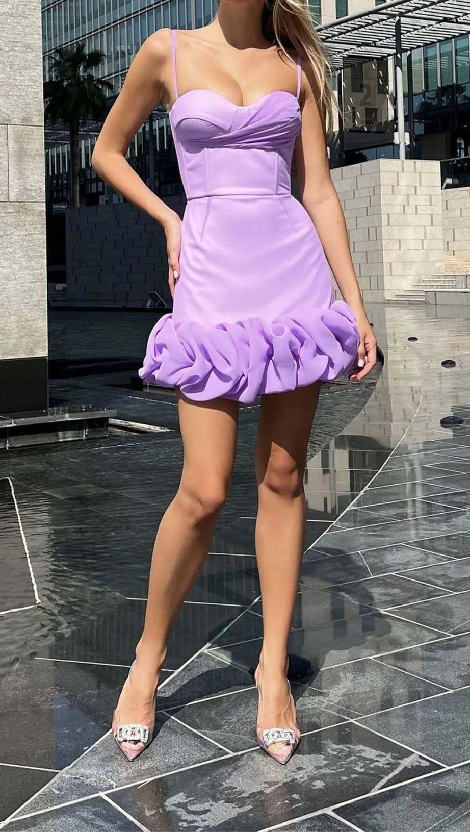 RUFFLED CORSET MINI DRESS IN PURPLE