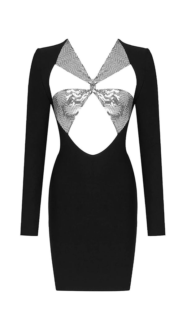 AIIZIE SEQUIN CUT OUT BANDAGE MINI DRESS IN BLACK - product image