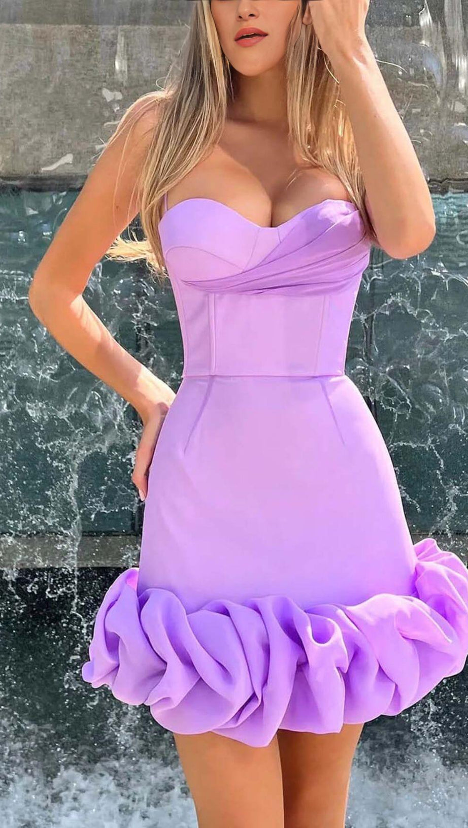 RUFFLED CORSET MINI DRESS IN PURPLE