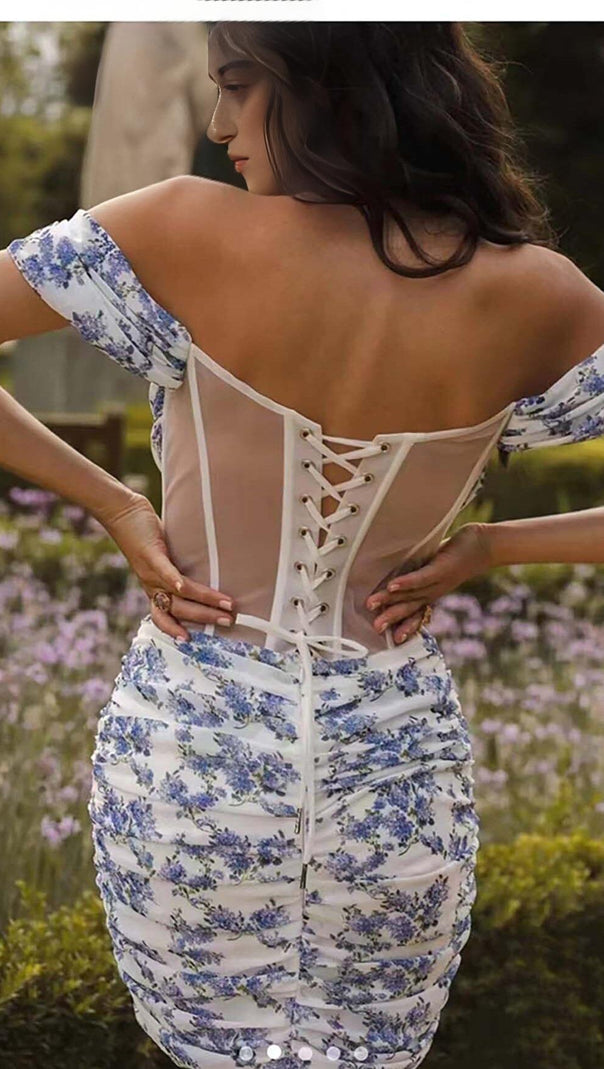 AIIZIE FLORAL -PRINT CORSET MINI DRESS IN LILAC FLOWERS - product image