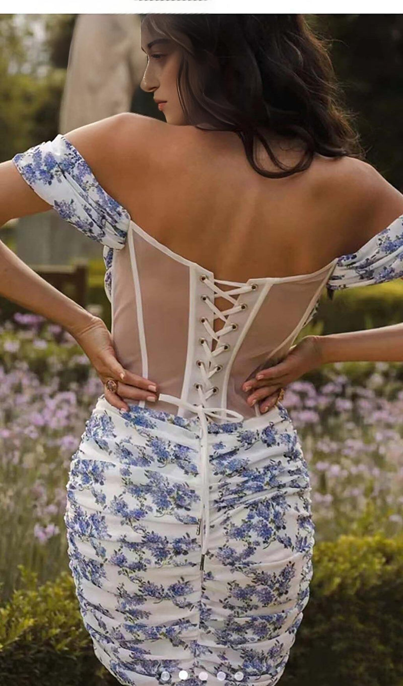 FLORAL -PRINT CORSET MINI DRESS IN LILAC FLOWERS