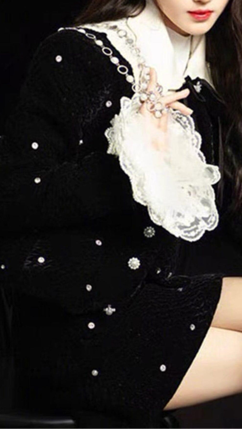 STARRY VELVET RHINESTONE LACE TRUMPET SLEEVE SHORT COAT & SKIRT SUIT