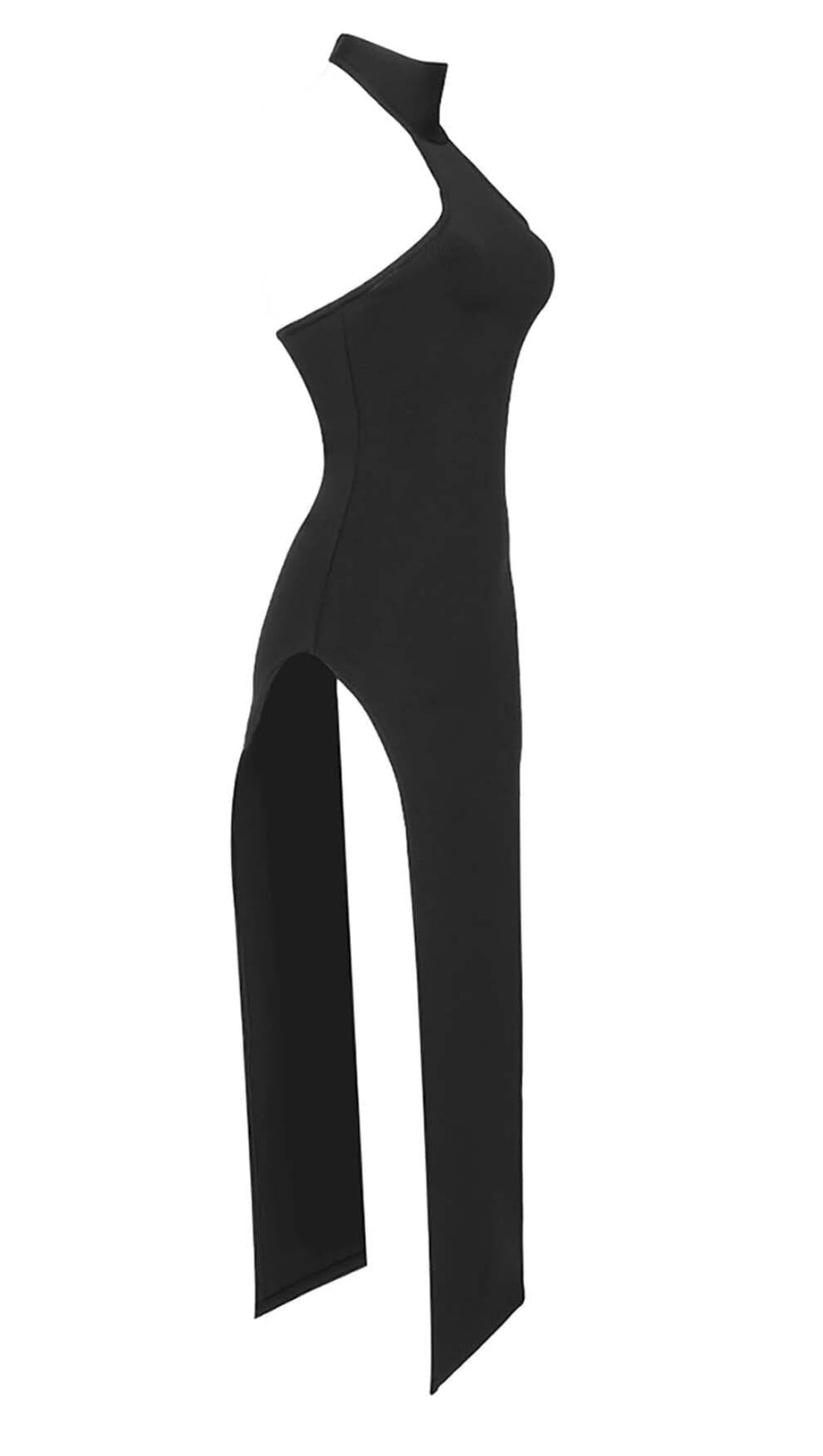 ABITO MIDI CON BENDAGGIO E SCHIENA SENZA COLLO AL VOLTO IN NERO