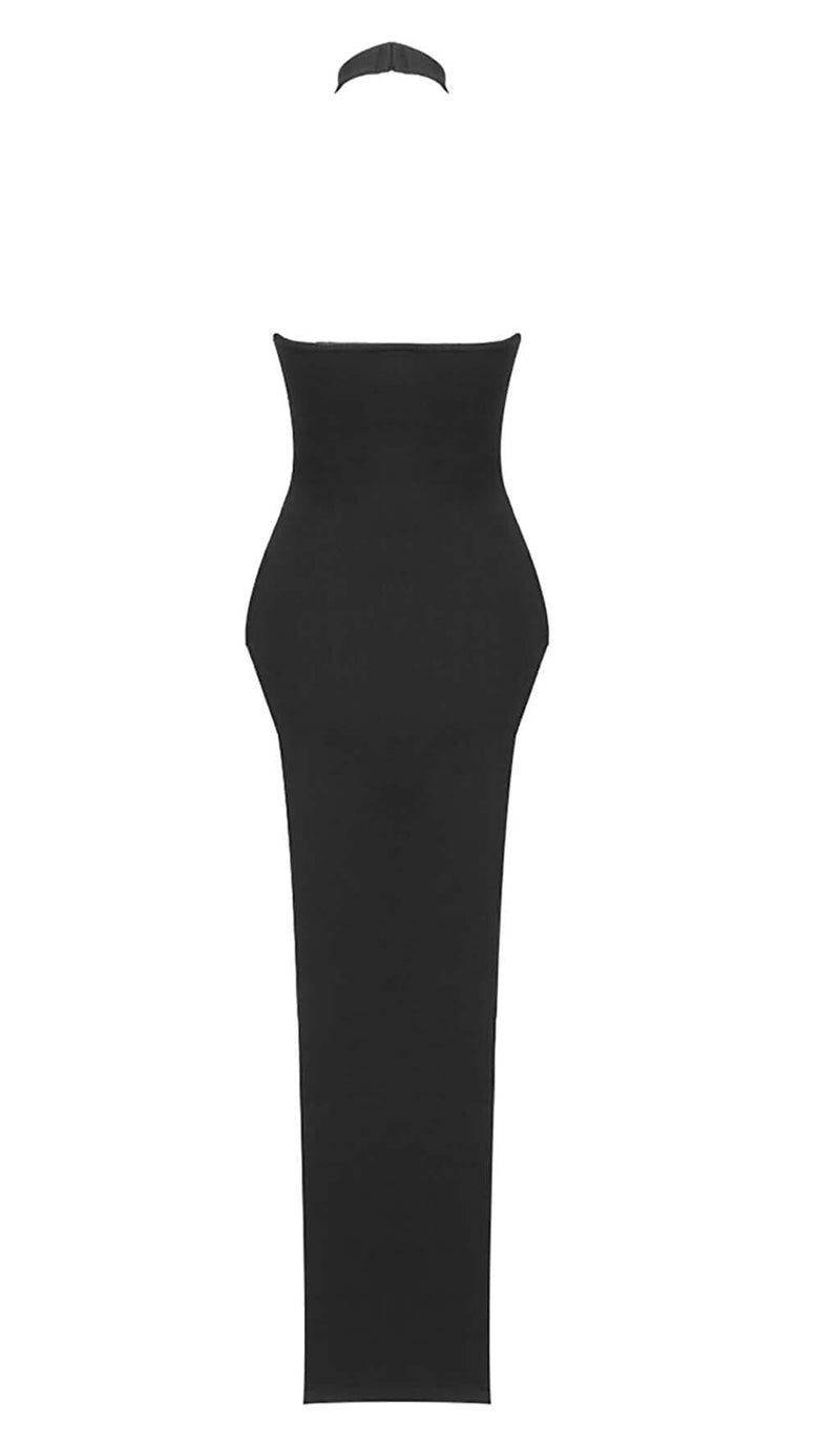 HALTER BACKLESS BANDAGE MIDI DRESS IN BLACK