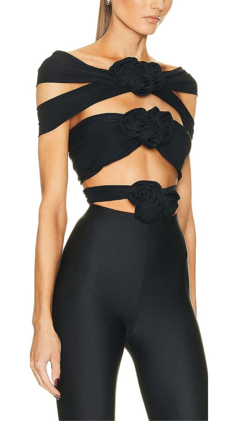 3D FLOWER-EMBELLISHED JUMPSUIT IN BLACK