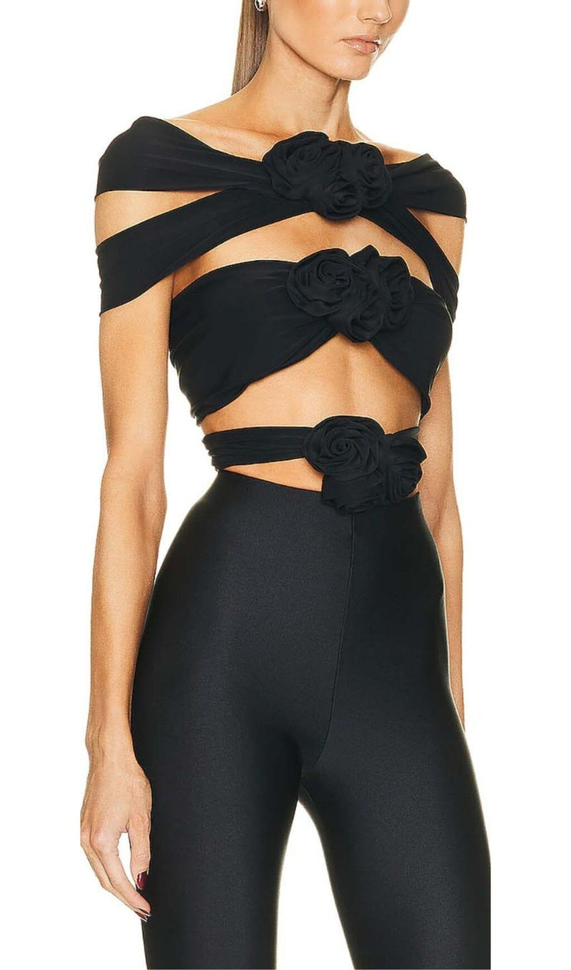 3D FLOWER-EMBELLISHED JUMPSUIT IN BLACK