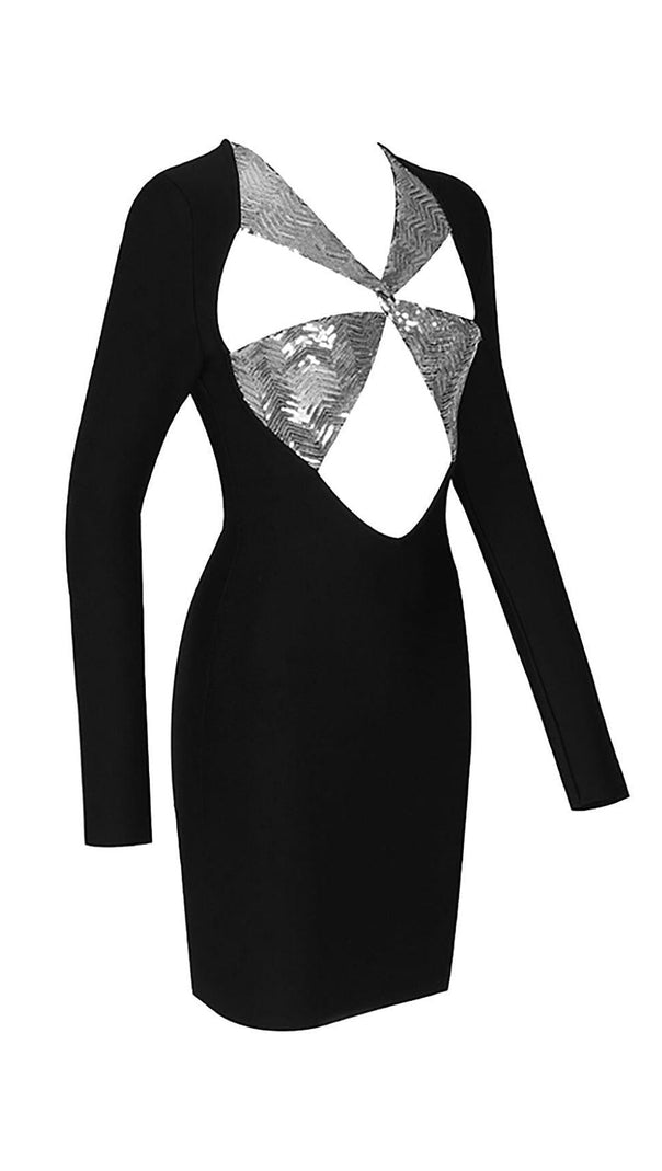 AIIZIE SEQUIN CUT OUT BANDAGE MINI DRESS IN BLACK - product image