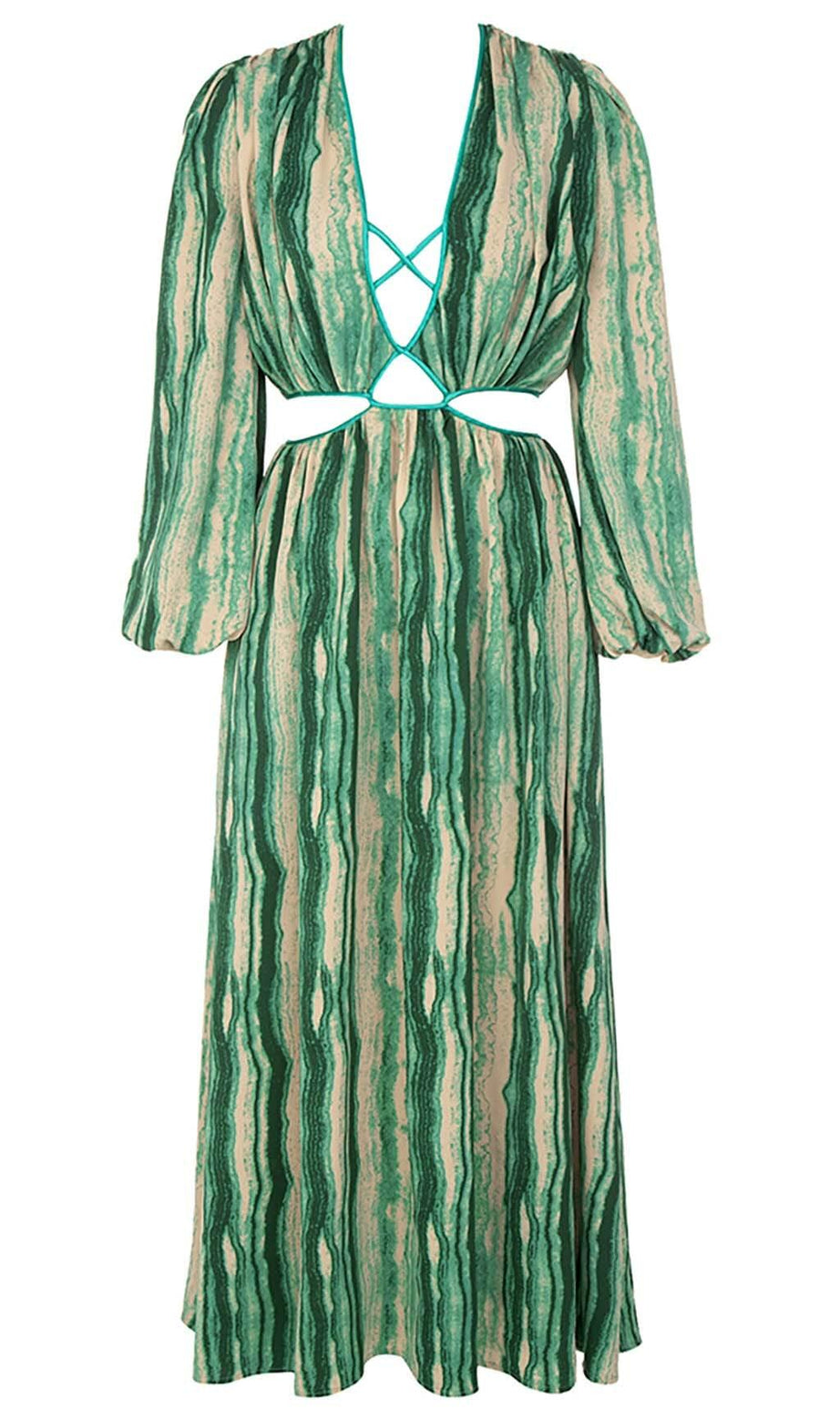 ALLOVER PRINT CUT OUT PUFF SLEEVE DRESS IN EMERALD GEMSTONE