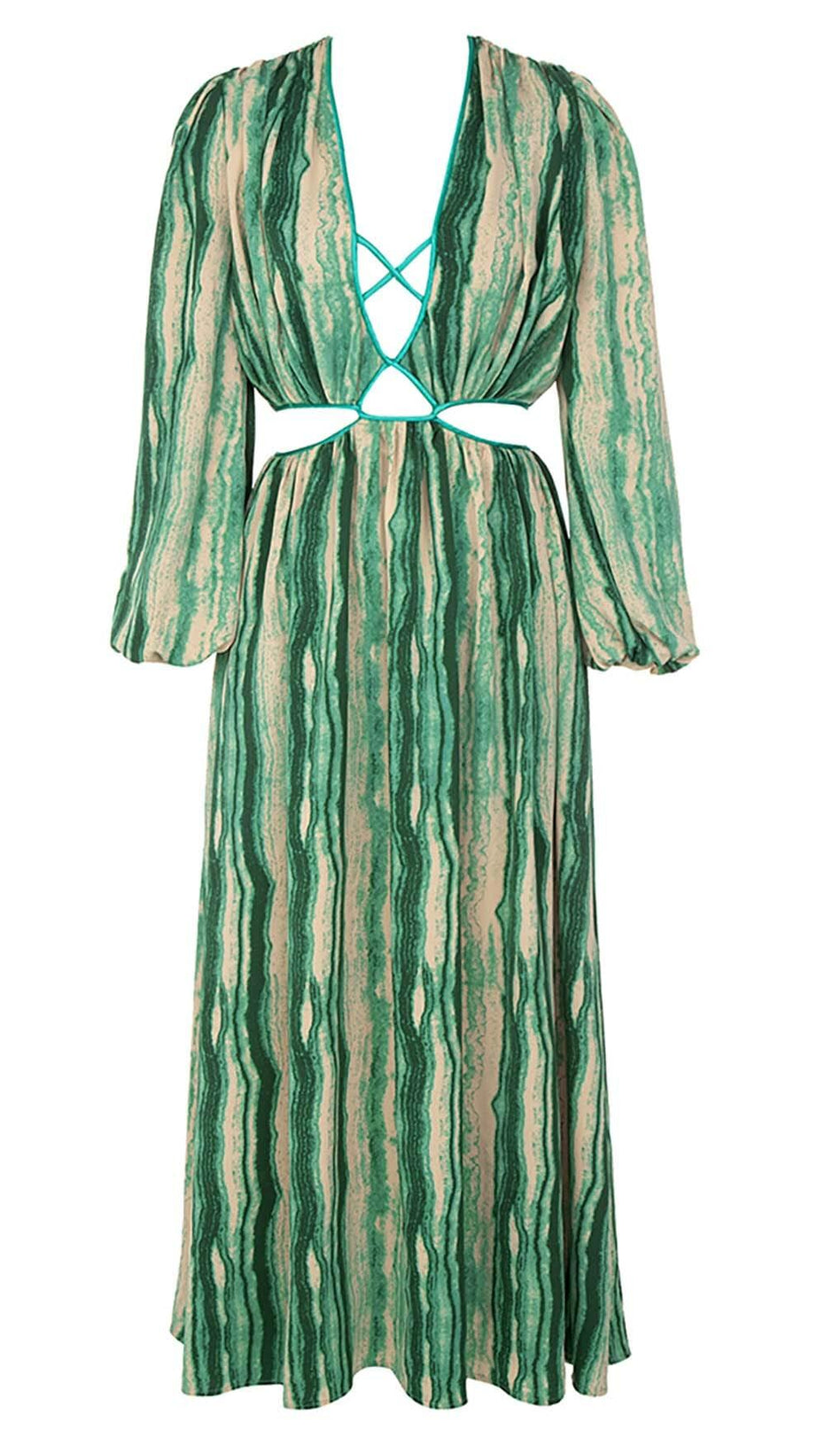 ALLOVER PRINT CUT OUT PUFF SLEEVE DRESS IN EMERALD GEMSTONE