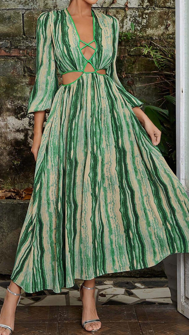 AIIZIE ALLOVER PRINT CUT OUT PUFF SLEEVE DRESS IN EMERALD GEMSTONE - product image