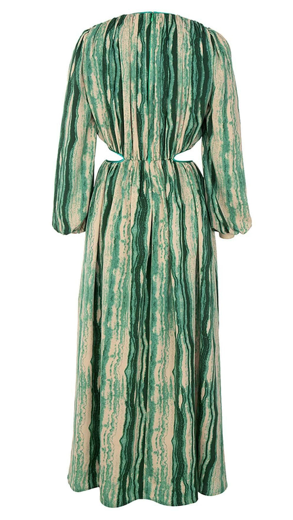 AIIZIE ALLOVER PRINT CUT OUT PUFF SLEEVE DRESS IN EMERALD GEMSTONE - product image